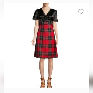 Miu Miu Black Satin Red Plaid Wool Dress Size IT 42 US 6/8 NWT